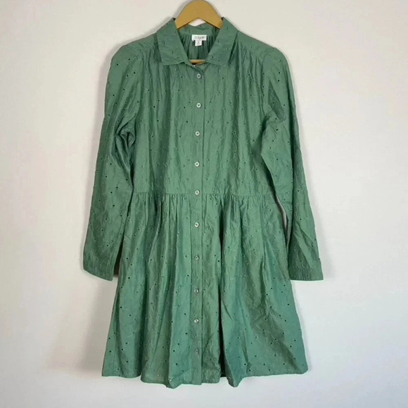NWT J. Crew Green Eyelet Mini Shirtdress - Picture 1 of 14
